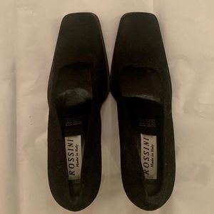 Vintage Rossini Black Suede Square Toe High Heals, Sz. 40!